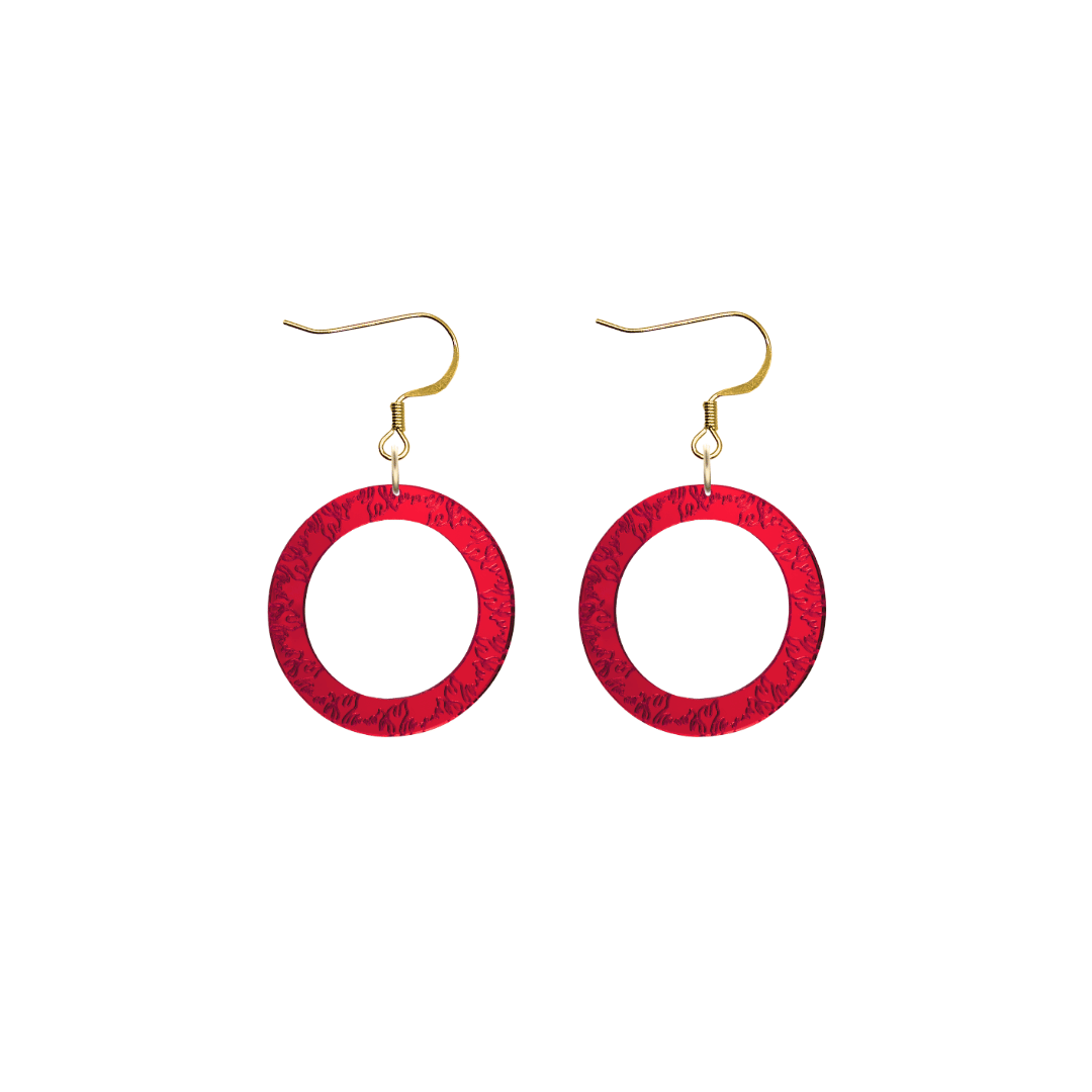 haus of dizzy red mirror acrylic hoop earrings with flames engraved around hoop size extra small with hooks no stud tops
