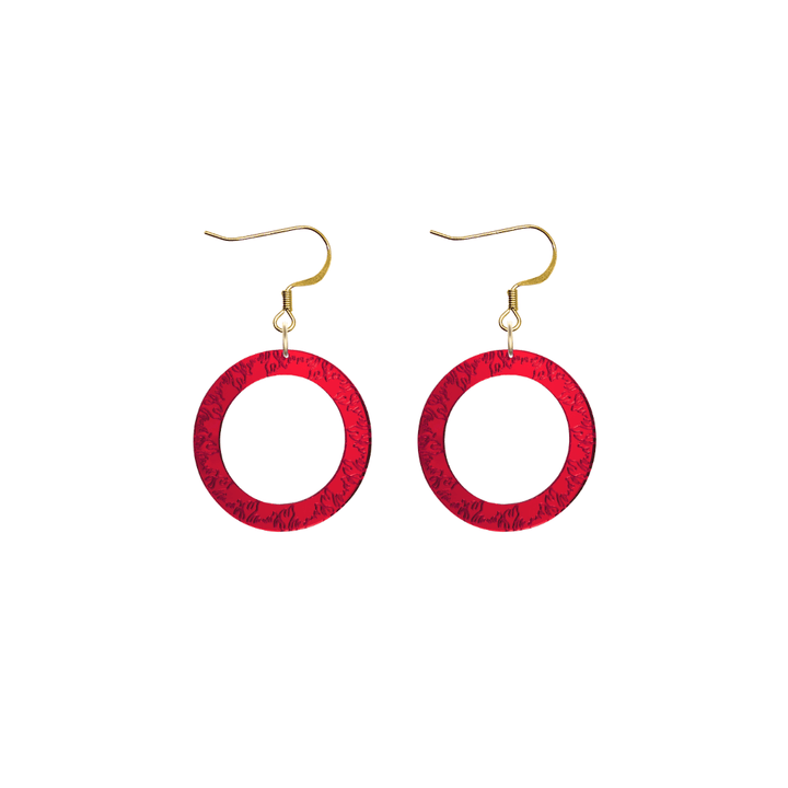 haus of dizzy red mirror acrylic hoop earrings with flames engraved around hoop size extra small with hooks no stud tops