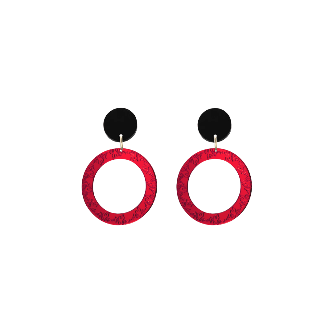 haus of dizzy red mirror acrylic hoop earrings with flames engraved around hoop size extra small with black circle stud tops