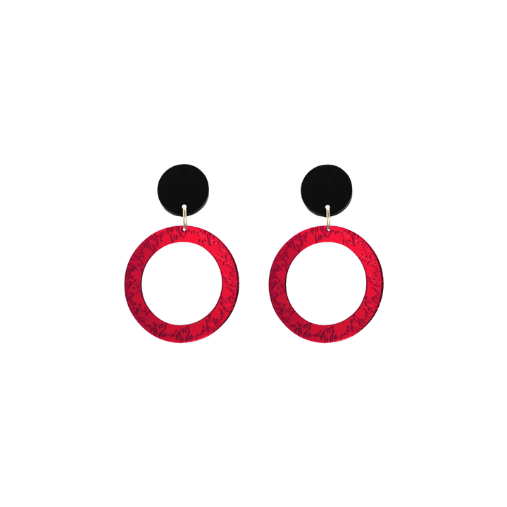 haus of dizzy red mirror acrylic hoop earrings with flames engraved around hoop size extra small with black circle stud tops