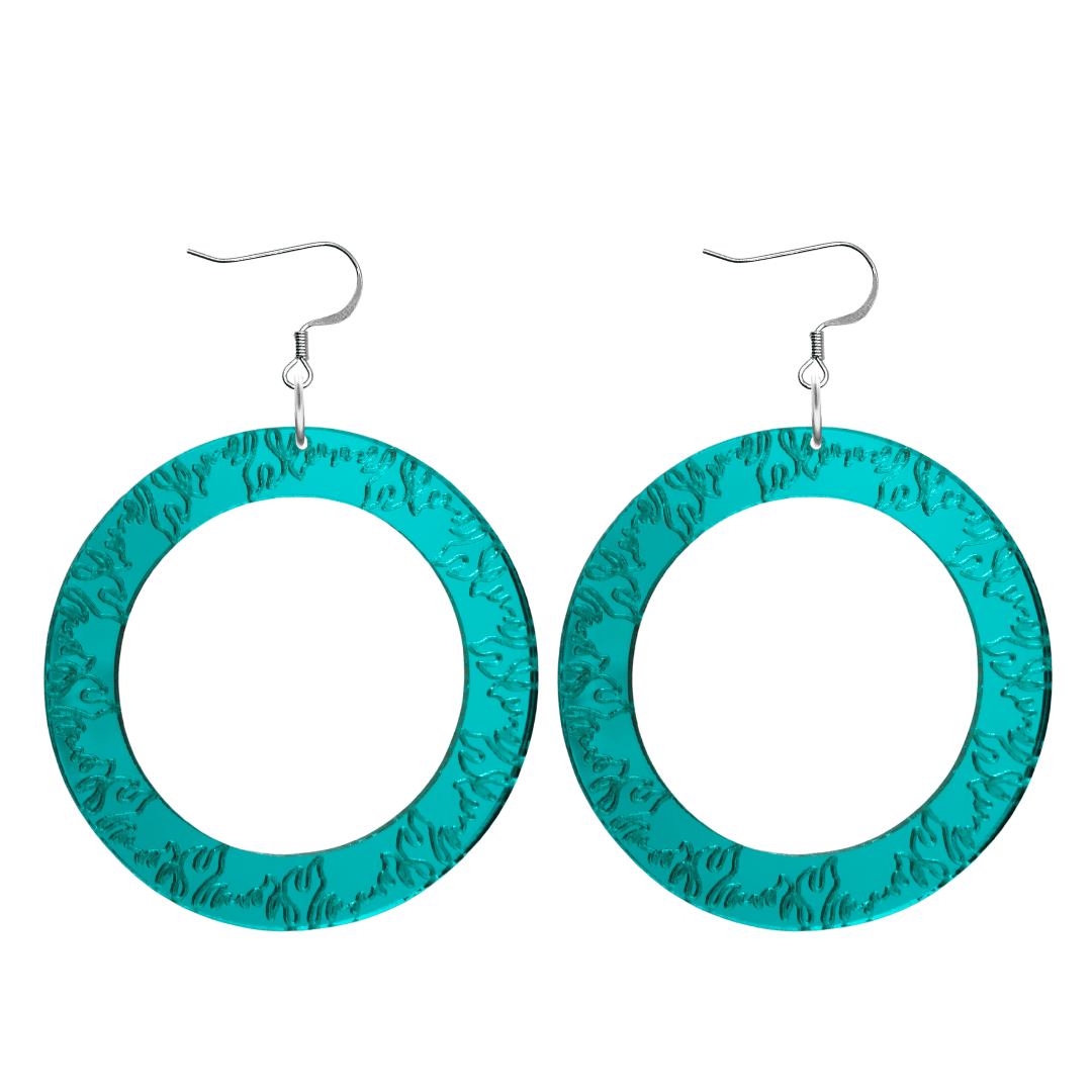 haus of dizzy teal mirror acrylic hoop earrings with flames engraved around hoop size large with hooks no stud tops