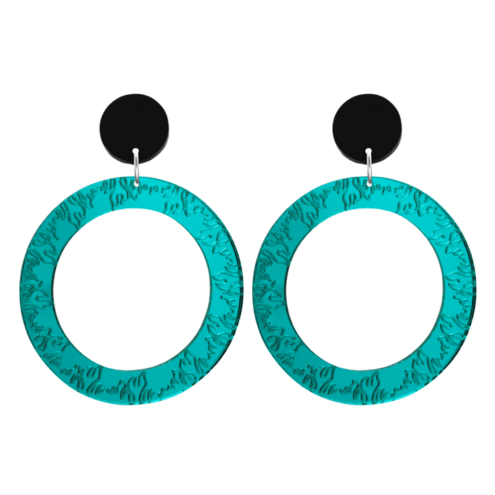 haus of dizzy teal mirror acrylic hoop earrings with flames engraved around hoop size large with black circle stud tops