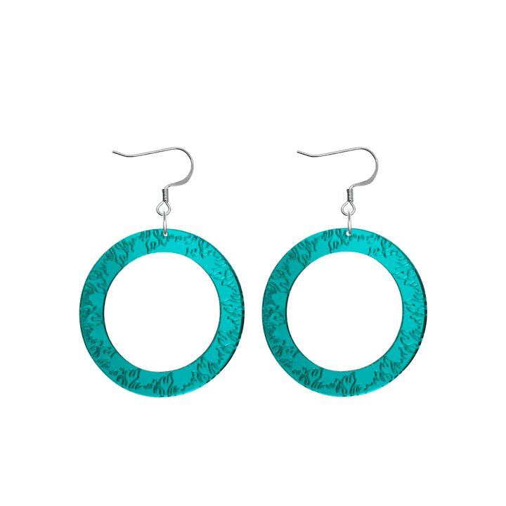 haus of dizzy teal mirror acrylic hoop earrings with flames engraved around hoop size small with hooks no stud tops