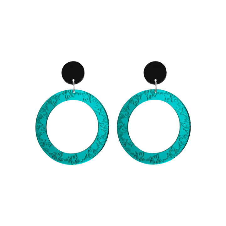 haus of dizzy teal mirror acrylic hoop earrings with flames engraved around hoop size small with black circle stud tops