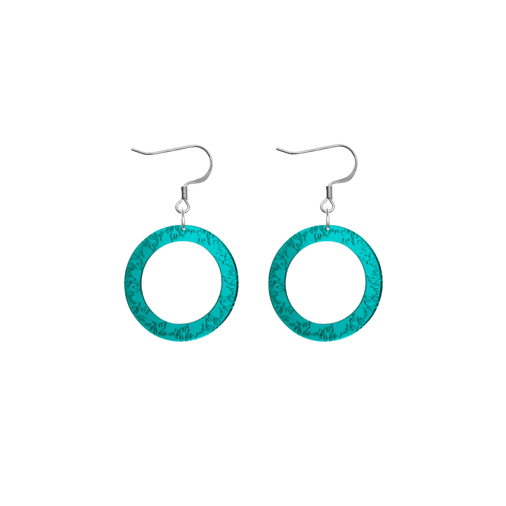 haus of dizzy teal mirror acrylic hoop earrings with flames engraved around hoop size extra small with hooks no stud tops