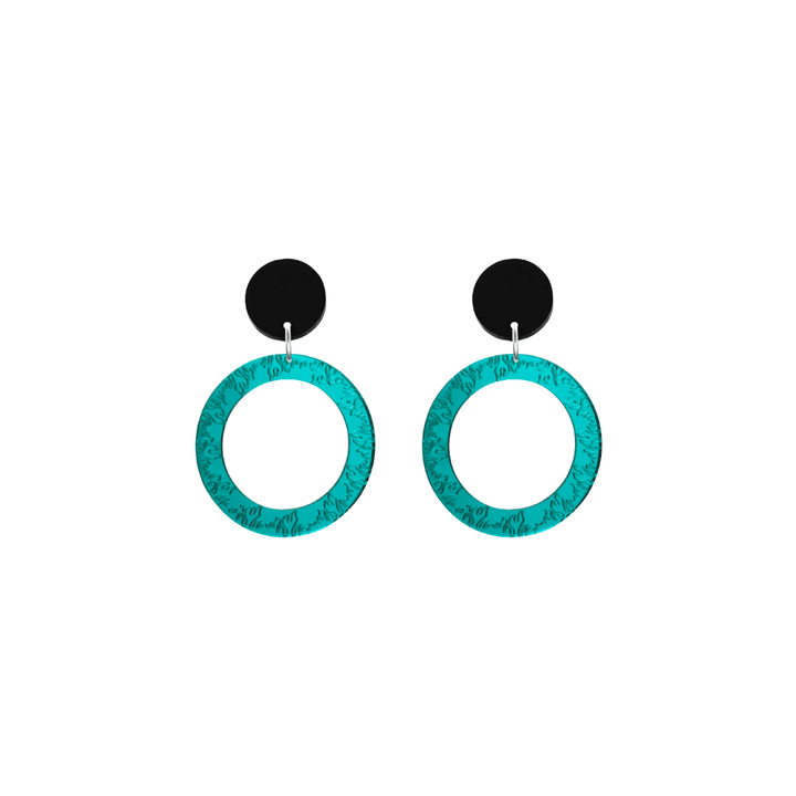 haus of dizzy teal mirror acrylic hoop earrings with flames engraved around hoop size extra small with black circle stud tops