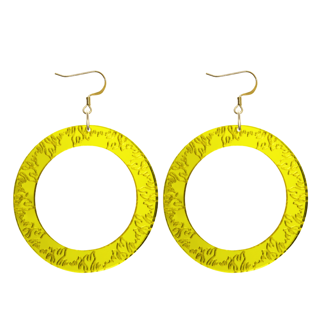 haus of dizzy yellow mirror acrylic hoop earrings with flames engraved around hoop size large with hooks no stud tops