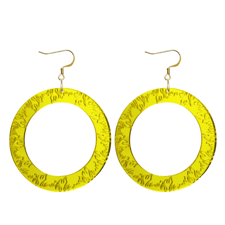 haus of dizzy yellow mirror acrylic hoop earrings with flames engraved around hoop size large with hooks no stud tops