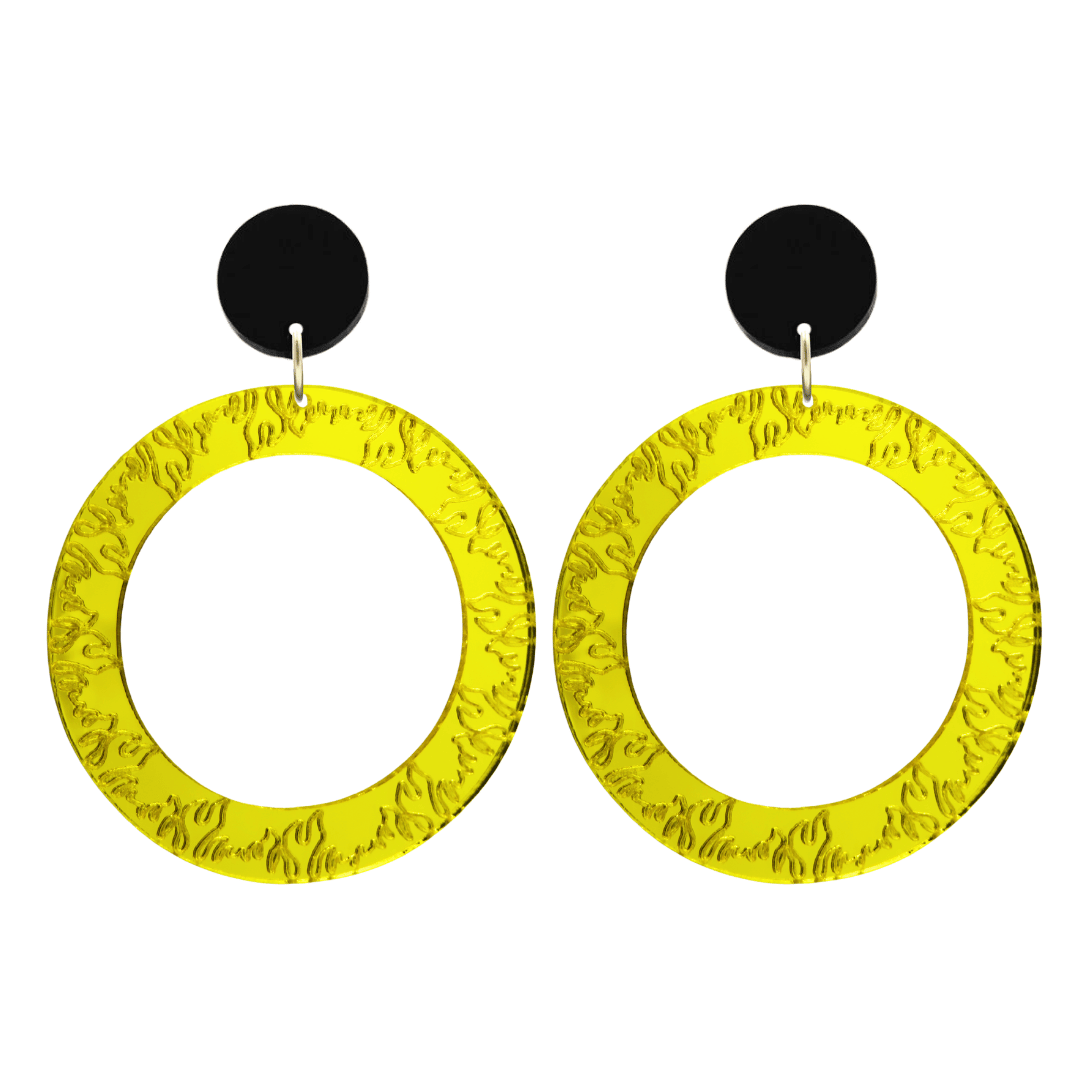 haus of dizzy yellow mirror acrylic hoop earrings with flames engraved around hoop size large with black circle stud tops