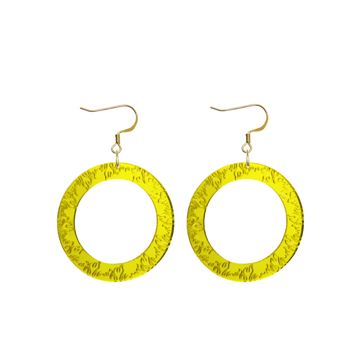 haus of dizzy yellow mirror acrylic hoop earrings with flames engraved around hoop size small with hooks no stud tops