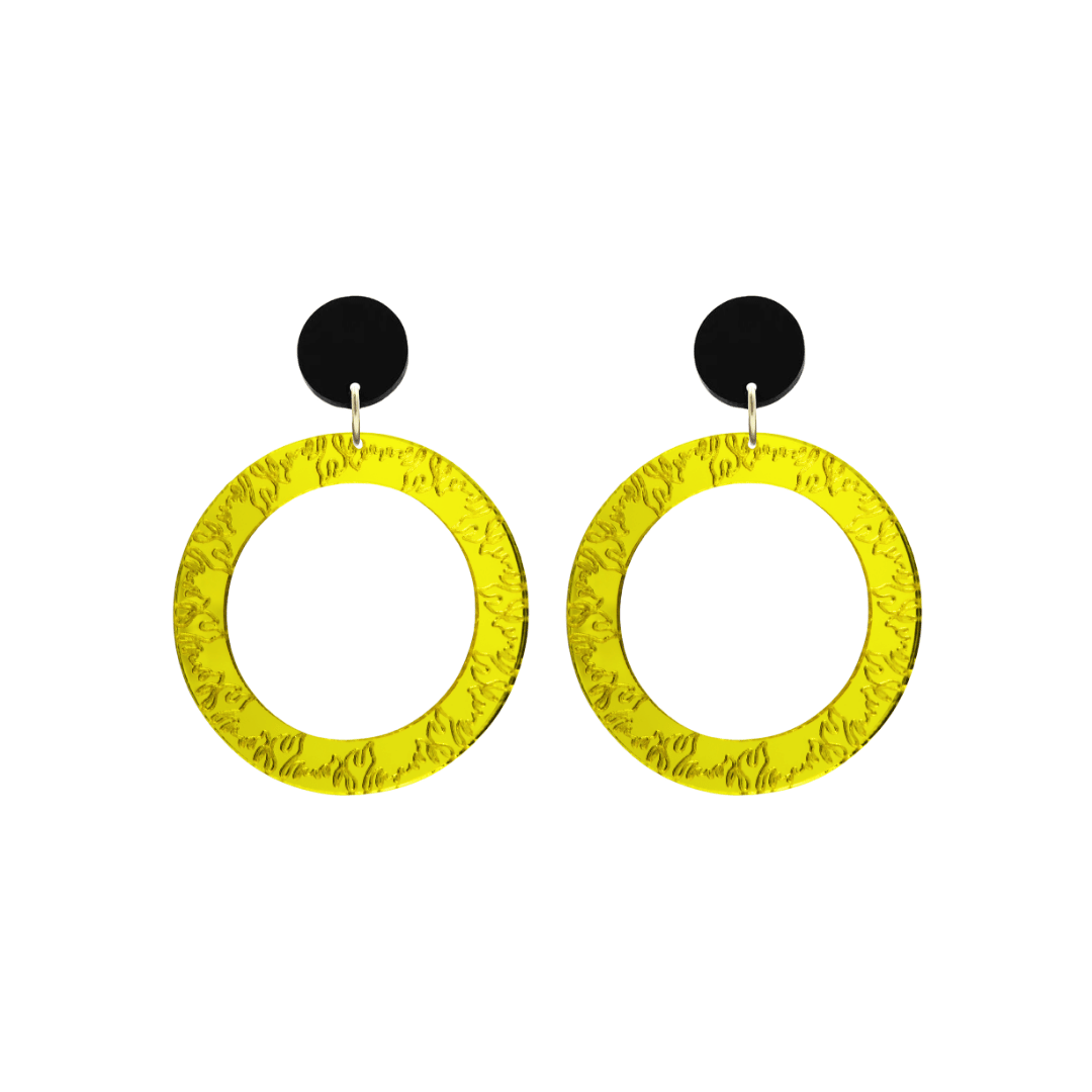 haus of dizzy yellow mirror acrylic hoop earrings with flames engraved around hoop size small with black circle stud tops