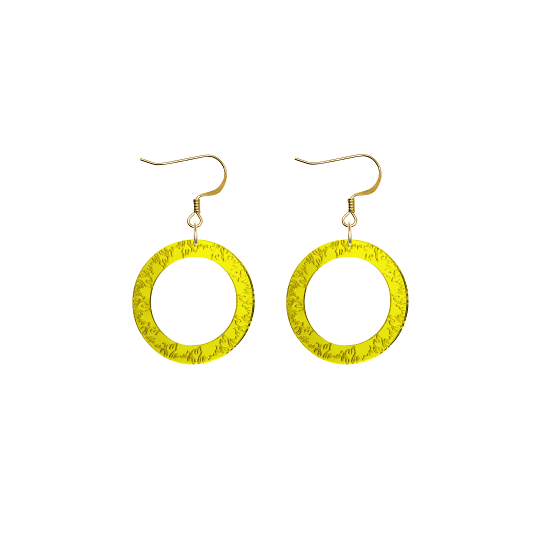 haus of dizzy yellow mirror acrylic hoop earrings with flames engraved around hoop size extra small with hooks no stud tops