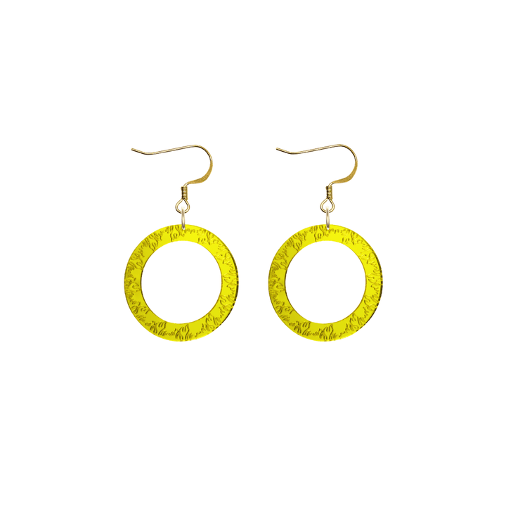 haus of dizzy yellow mirror acrylic hoop earrings with flames engraved around hoop size extra small with hooks no stud tops
