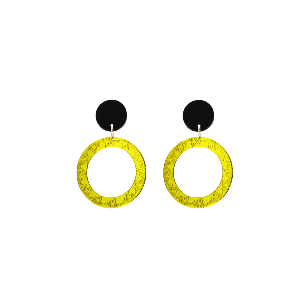 haus of dizzy yellow mirror acrylic hoop earrings with flames engraved around hoop size extra small with black circle stud tops