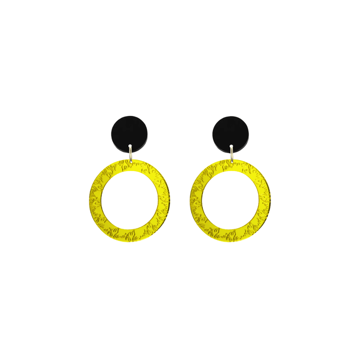 haus of dizzy yellow mirror acrylic hoop earrings with flames engraved around hoop size extra small with black circle stud tops