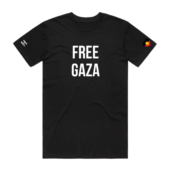 Black t-shirt with 'FREE GAZA' white text on a white background