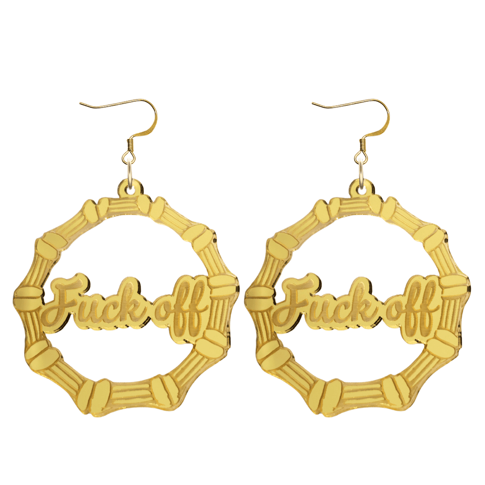 haus of dizzy acrylic gold mirror bamboo hoops with ollie cursive text that reads fuck off with hooks no circle stud tops size large