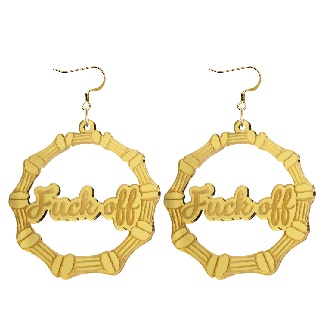 haus of dizzy acrylic gold mirror bamboo hoops with ollie cursive text that reads fuck off with hooks no circle stud tops size large