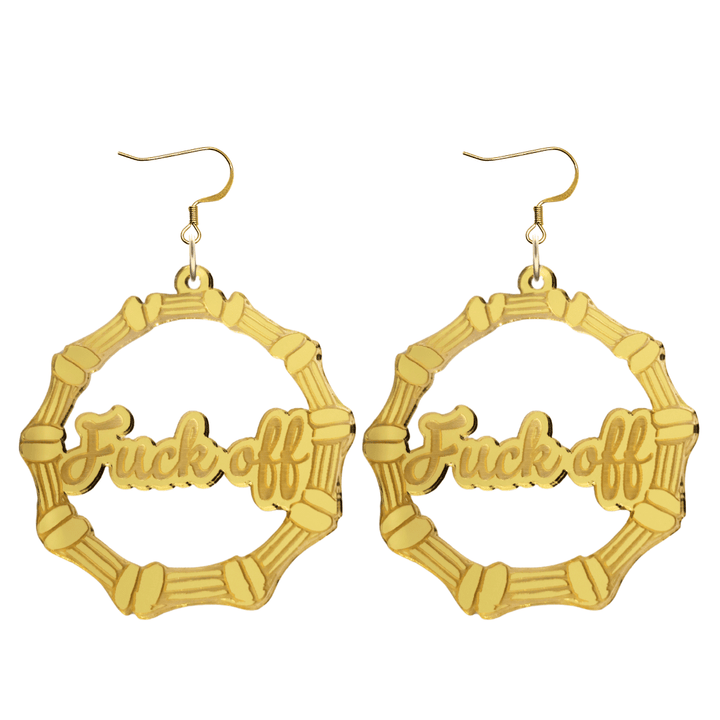 haus of dizzy acrylic gold mirror bamboo hoops with ollie cursive text that reads fuck off with hooks no circle stud tops size large