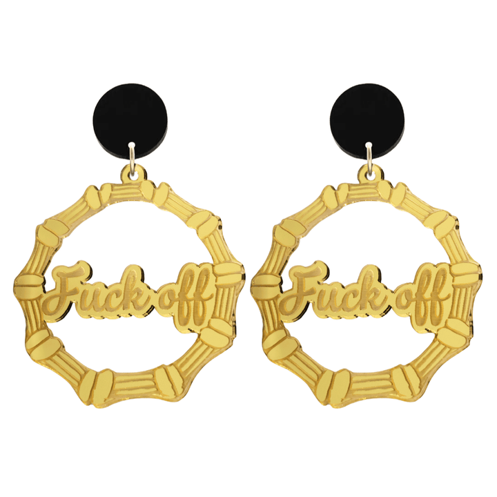 haus of dizzy acrylic gold mirror bamboo hoops with ollie cursive text that reads fuck off with black circle stud tops size large