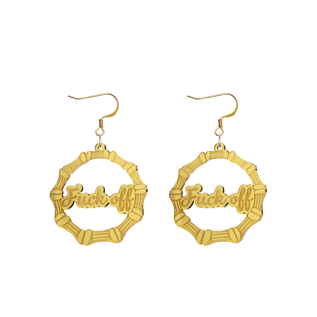 haus of dizzy acrylic gold mirror bamboo hoops with ollie cursive text that reads fuck off with hooks no circle stud tops size small