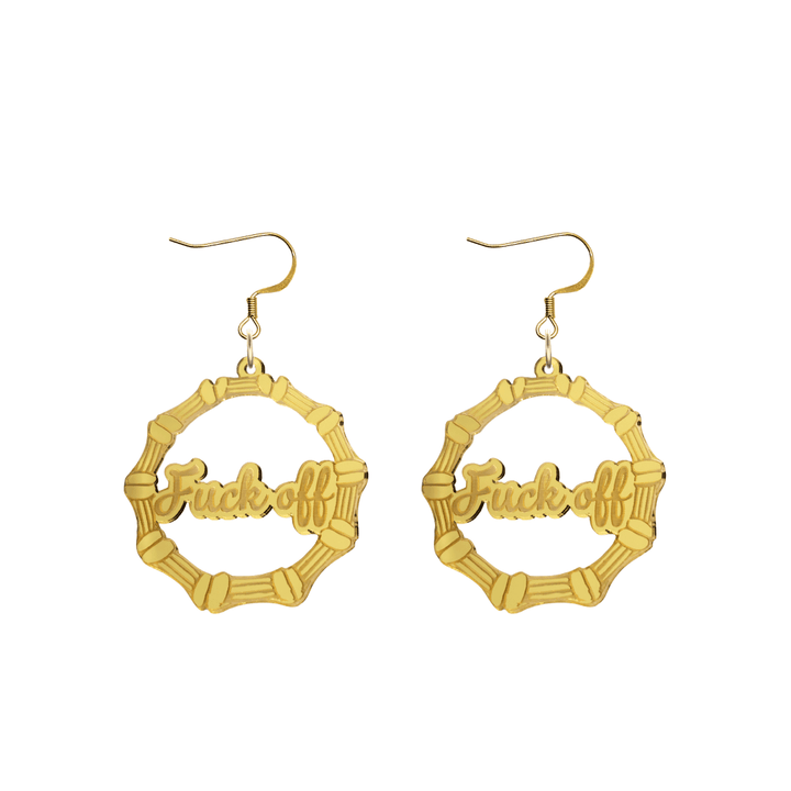 haus of dizzy acrylic gold mirror bamboo hoops with ollie cursive text that reads fuck off with hooks no circle stud tops size small