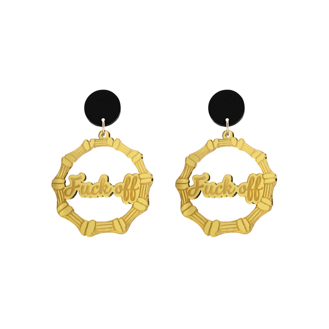 haus of dizzy acrylic gold mirror bamboo hoops with ollie cursive text that reads fuck off with black circle stud tops size small