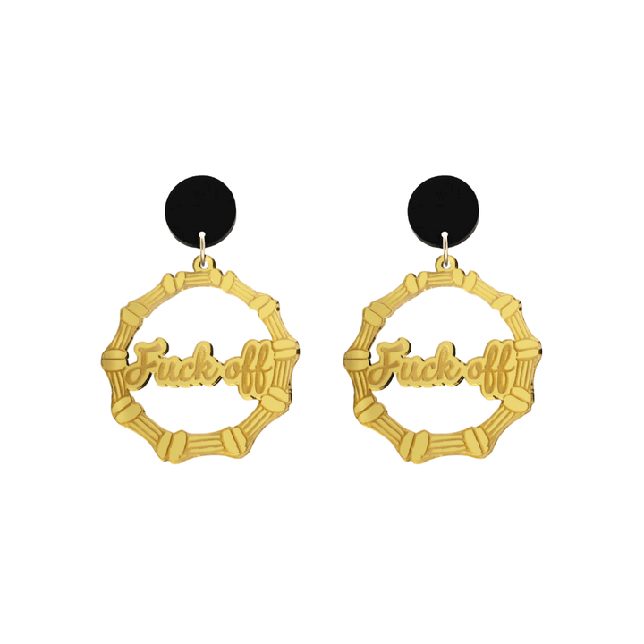 haus of dizzy acrylic gold mirror bamboo hoops with ollie cursive text that reads fuck off with black circle stud tops size small