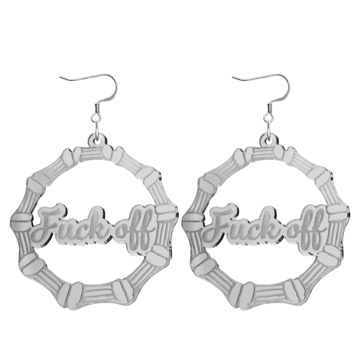 haus of dizzy acrylic silver mirror bamboo hoops with ollie cursive text that reads fuck off with hooks no circle stud tops size large