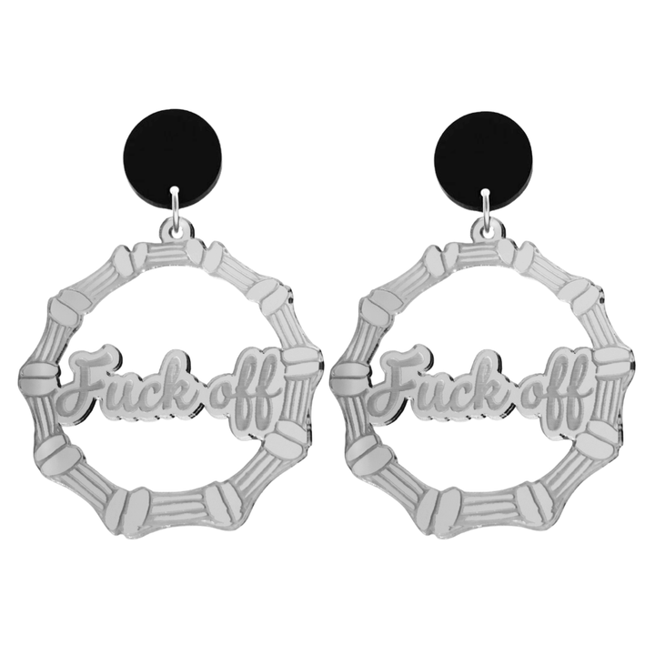 haus of dizzy acrylic silver mirror bamboo hoops with ollie cursive text that reads fuck off with black circle stud tops size large