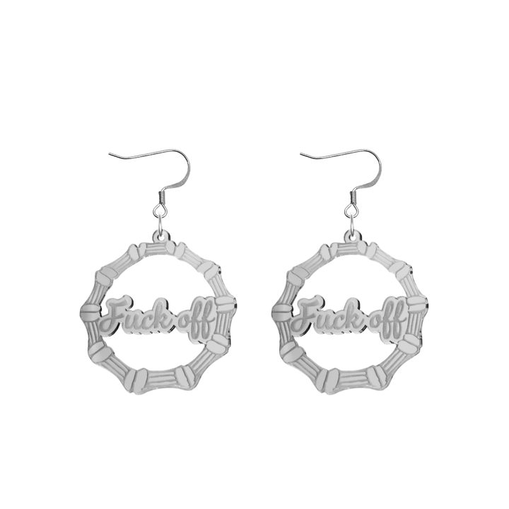 haus of dizzy acrylic silver mirror bamboo hoops with ollie cursive text that reads fuck off with hooks no circle stud tops size small