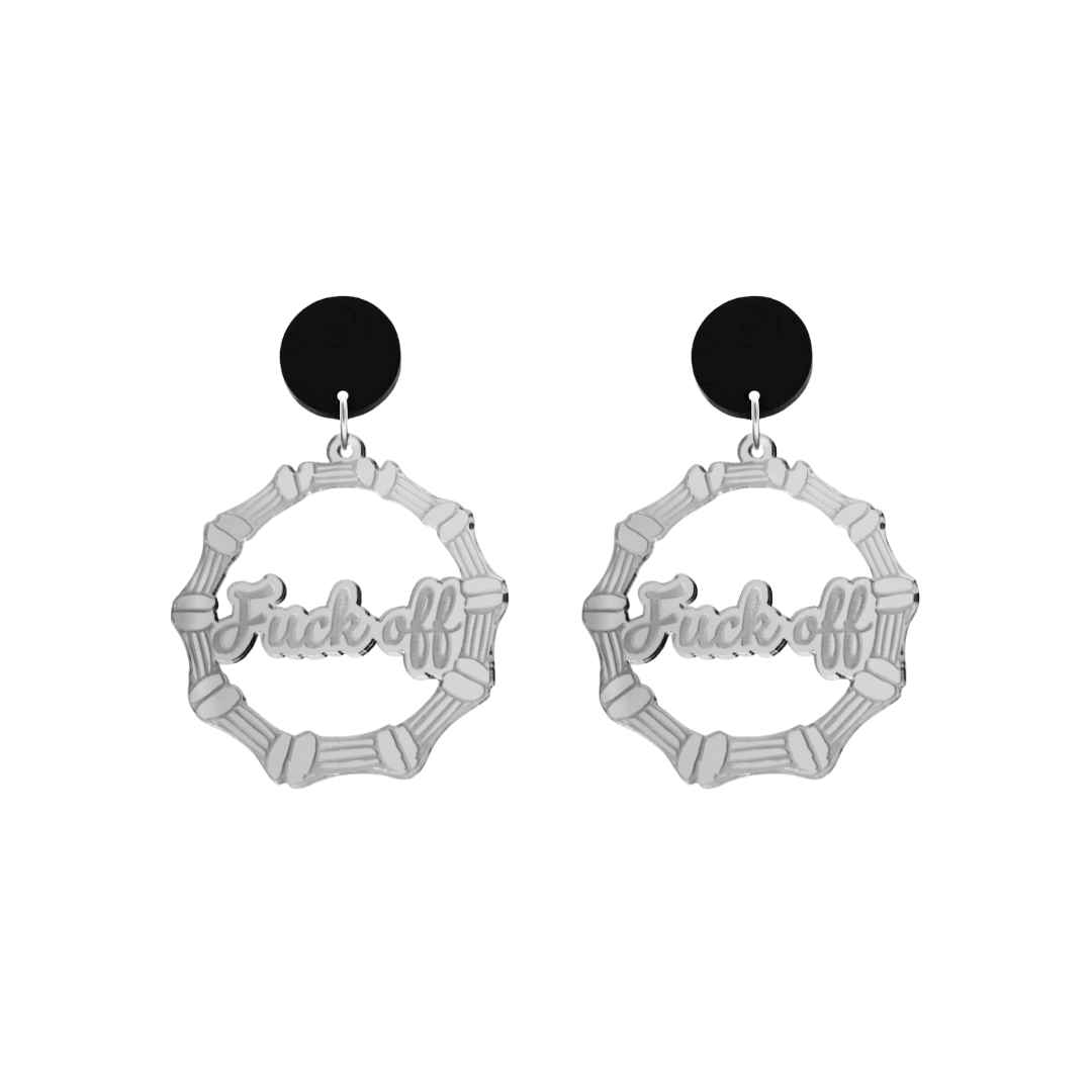 haus of dizzy acrylic silver mirror bamboo hoops with ollie cursive text that reads fuck off with black circle stud tops size small