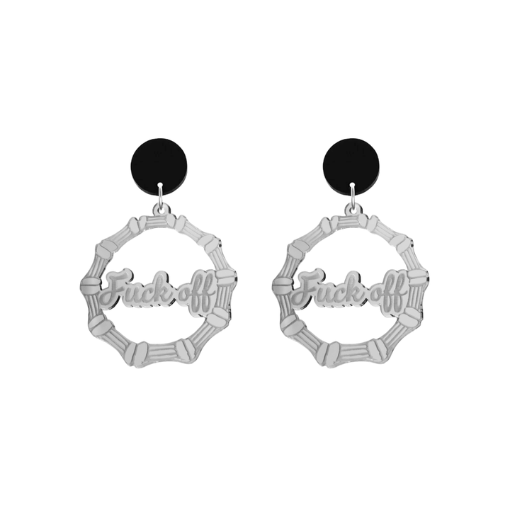 haus of dizzy acrylic silver mirror bamboo hoops with ollie cursive text that reads fuck off with black circle stud tops size small