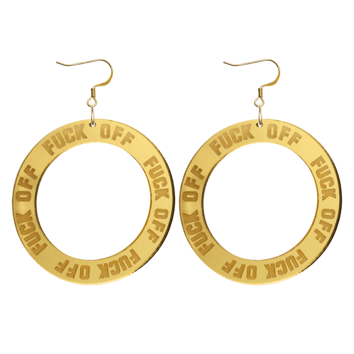 haus of dizzy gold mirror acrylic hoop earrings with 'F**K OFF' text engraved around hoop size large with hooks no stud tops