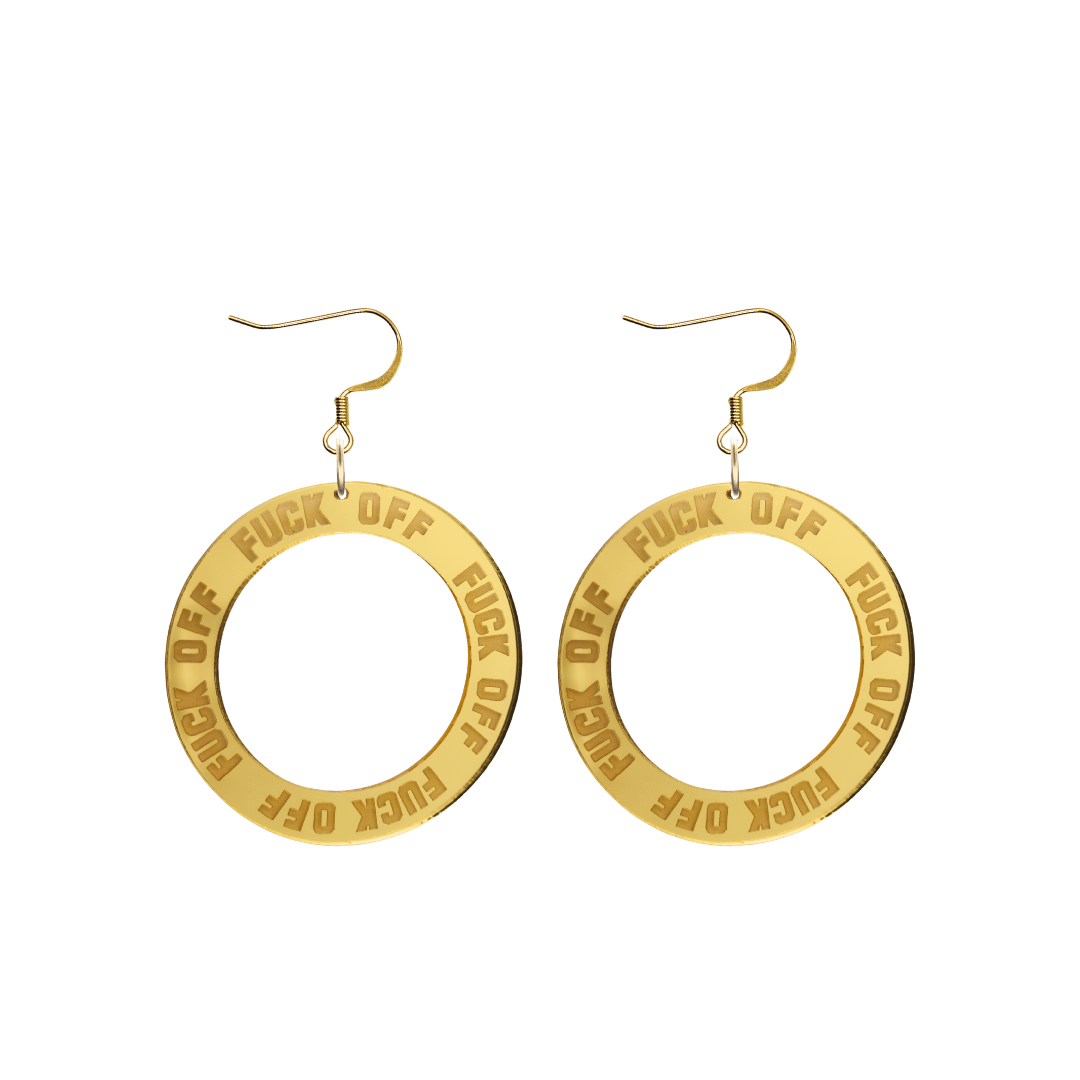 haus of dizzy gold mirror acrylic hoop earrings with 'F**K OFF' text engraved around hoop size small with hooks no stud tops