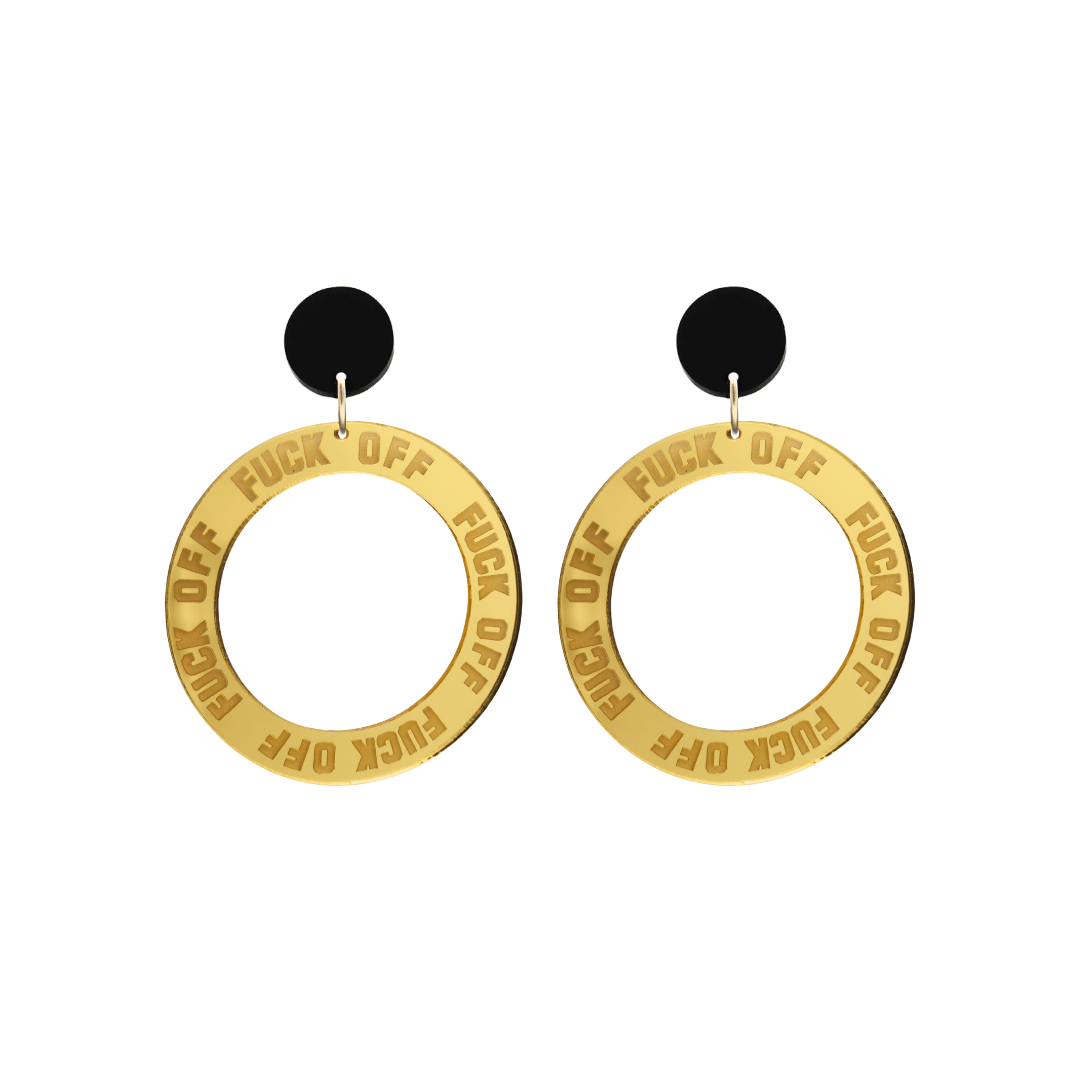 haus of dizzy gold mirror acrylic hoop earrings with 'F**K OFF' text engraved around hoop size small with black circle stud tops