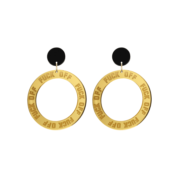 haus of dizzy gold mirror acrylic hoop earrings with 'F**K OFF' text engraved around hoop size small with black circle stud tops