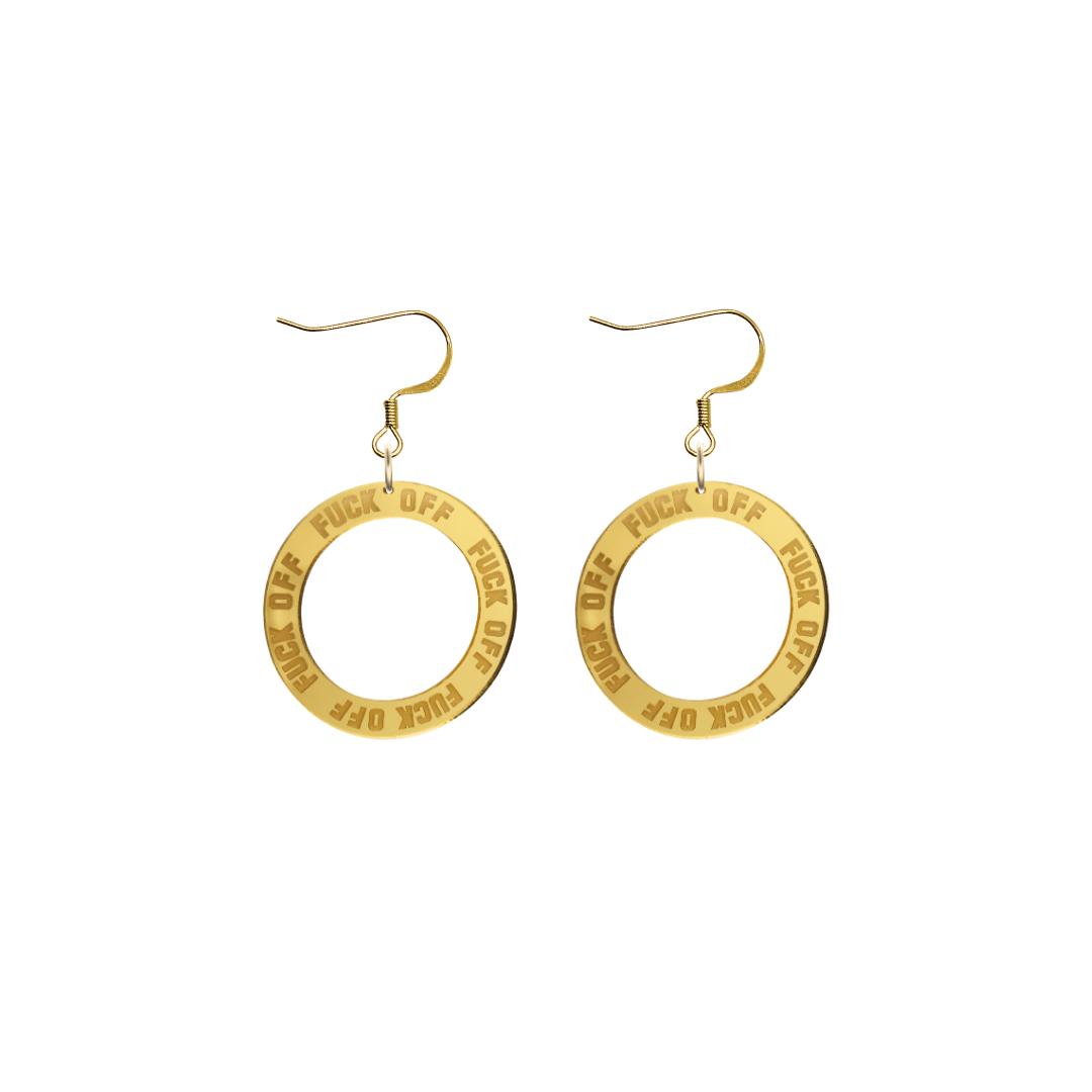 haus of dizzy gold mirror acrylic hoop earrings with 'F**K OFF' text engraved around hoop size extra small with hooks no stud tops