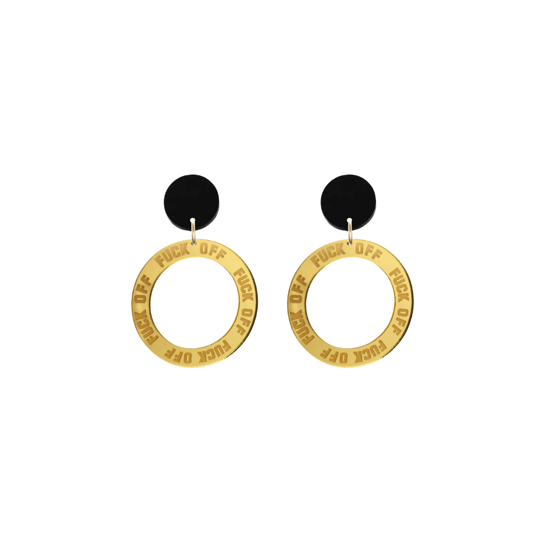 haus of dizzy gold mirror acrylic hoop earrings with 'F**K OFF' text engraved around hoop size extra small with black circle stud tops