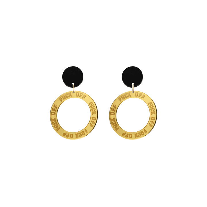haus of dizzy gold mirror acrylic hoop earrings with 'F**K OFF' text engraved around hoop size extra small with black circle stud tops