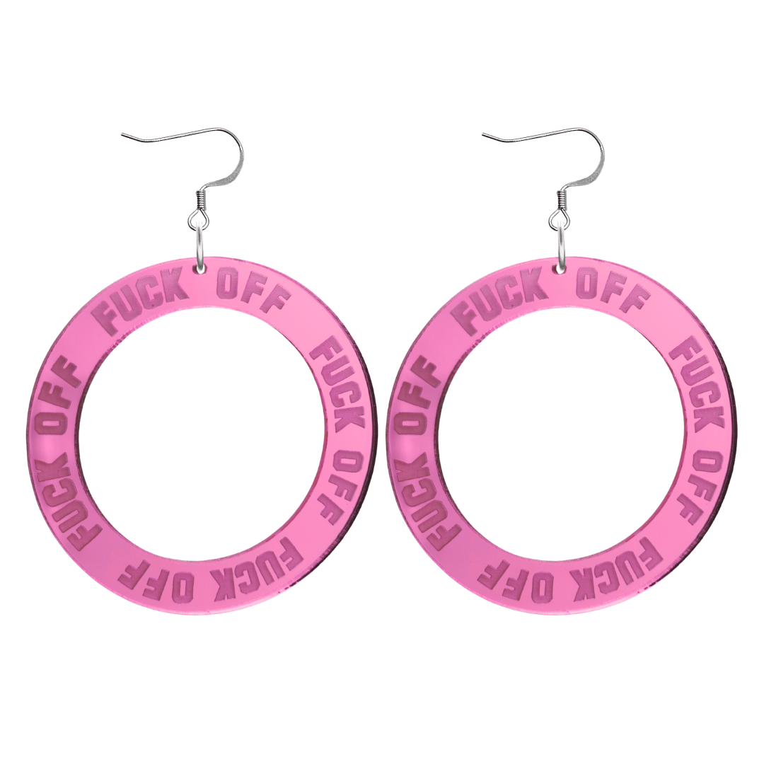 haus of dizzy pink mirror acrylic hoop earrings with 'F**K OFF' text engraved around hoop size large with hooks no stud tops