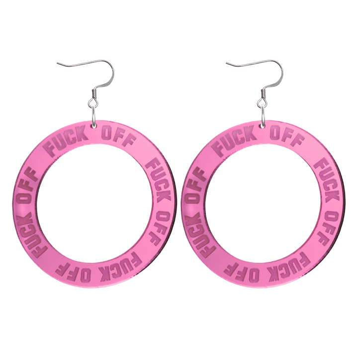 haus of dizzy pink mirror acrylic hoop earrings with 'F**K OFF' text engraved around hoop size large with hooks no stud tops