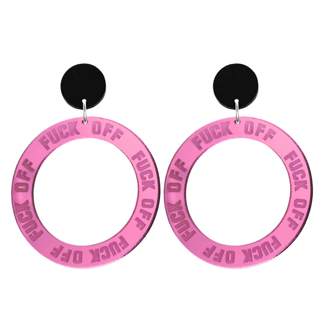 haus of dizzy pink mirror acrylic hoop earrings with 'F**K OFF' text engraved around hoop size large with black circle stud tops