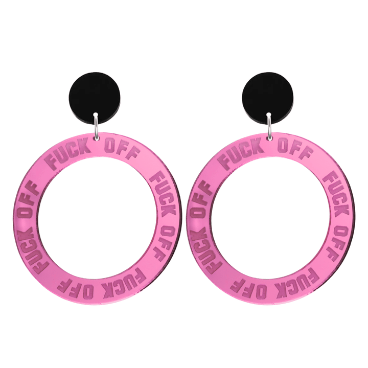haus of dizzy pink mirror acrylic hoop earrings with 'F**K OFF' text engraved around hoop size large with black circle stud tops