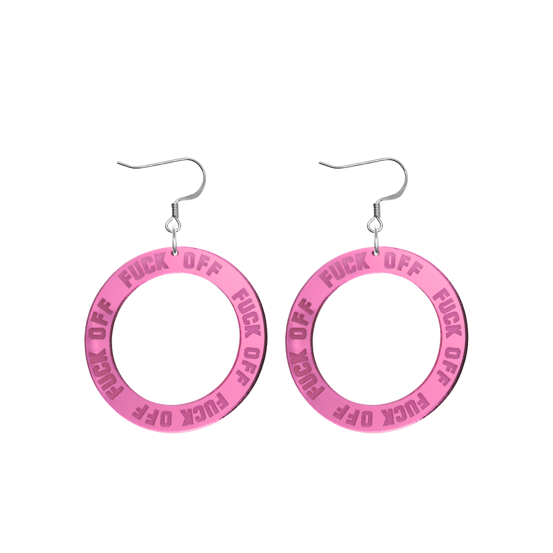 haus of dizzy pink mirror acrylic hoop earrings with 'F**K OFF' text engraved around hoop size small with hooks no stud tops
