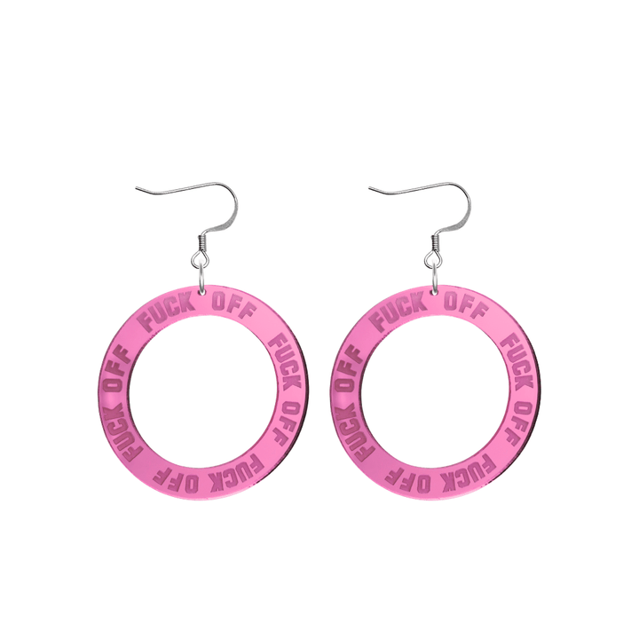 haus of dizzy pink mirror acrylic hoop earrings with 'F**K OFF' text engraved around hoop size small with hooks no stud tops