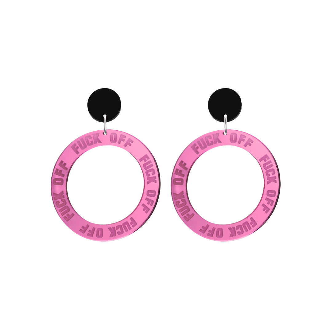 haus of dizzy pink mirror acrylic hoop earrings with 'F**K OFF' text engraved around hoop size small with black circle stud tops