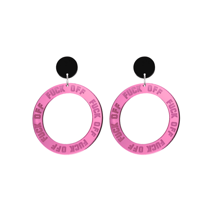 haus of dizzy pink mirror acrylic hoop earrings with 'F**K OFF' text engraved around hoop size small with black circle stud tops
