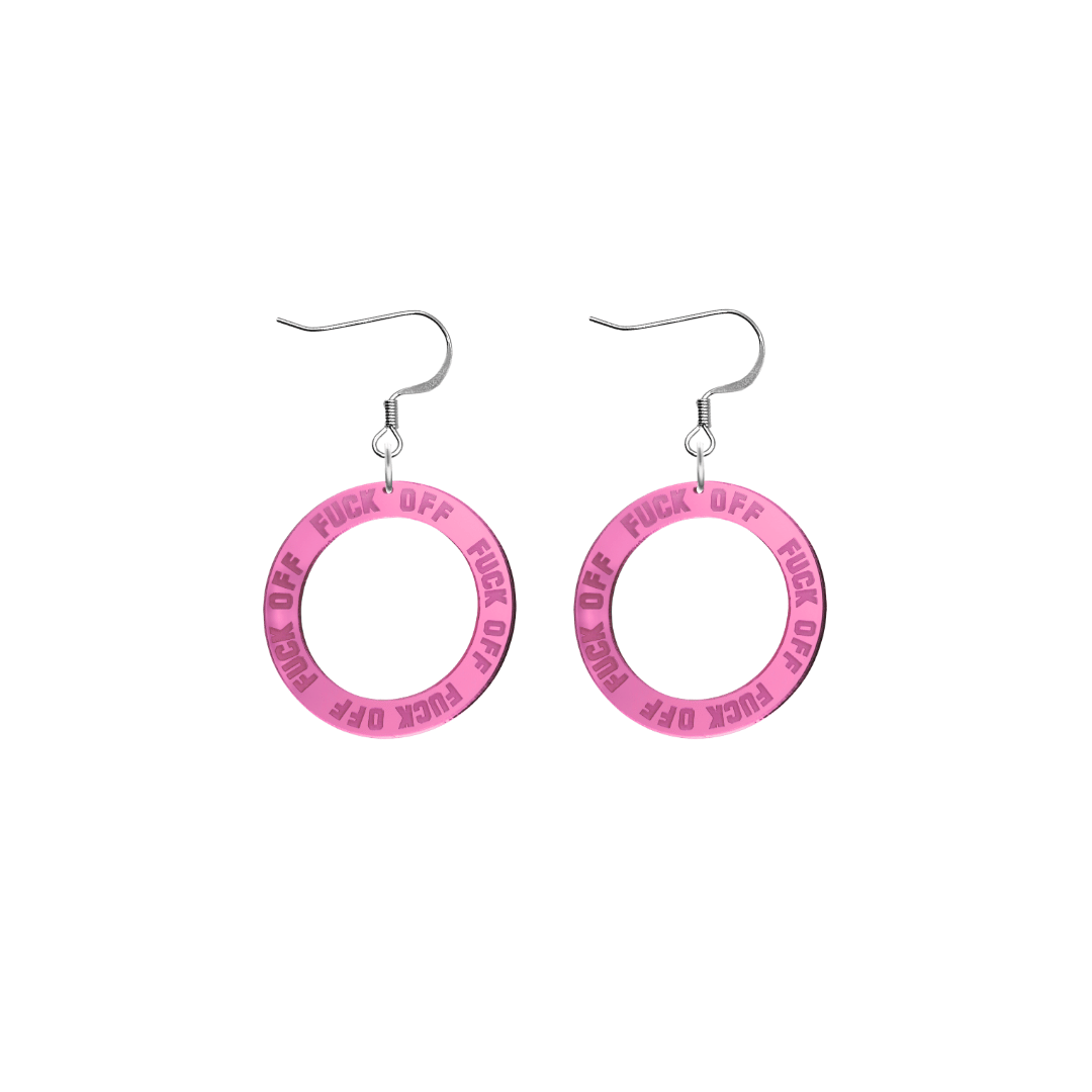 haus of dizzy pink mirror acrylic hoop earrings with 'F**K OFF' text engraved around hoop size extra small with hooks no stud tops
