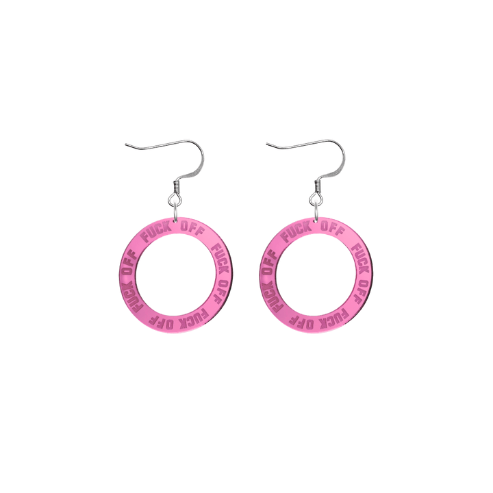 haus of dizzy pink mirror acrylic hoop earrings with 'F**K OFF' text engraved around hoop size extra small with hooks no stud tops